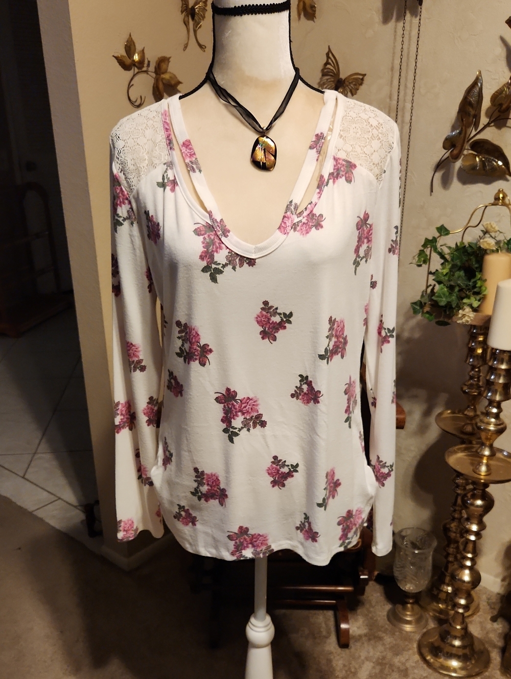 No Boundaries Cream Long Sleeve Top with Pink Floral Print and Lace Shoulders